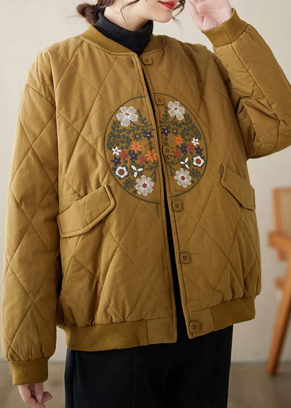 Loose Khaki Embroidered Button Pockets Thick Coats Winter