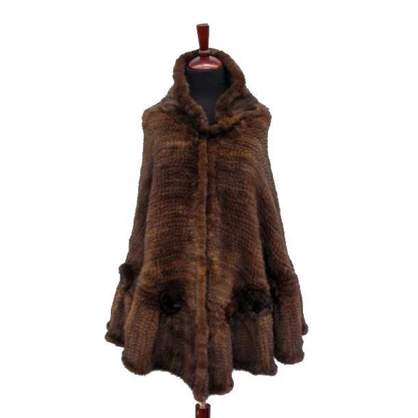 Mink Knit Poncho With Rosettes- Brown