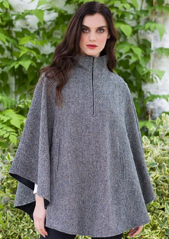 Mucros Half Zip Grey Herringbone Poncho