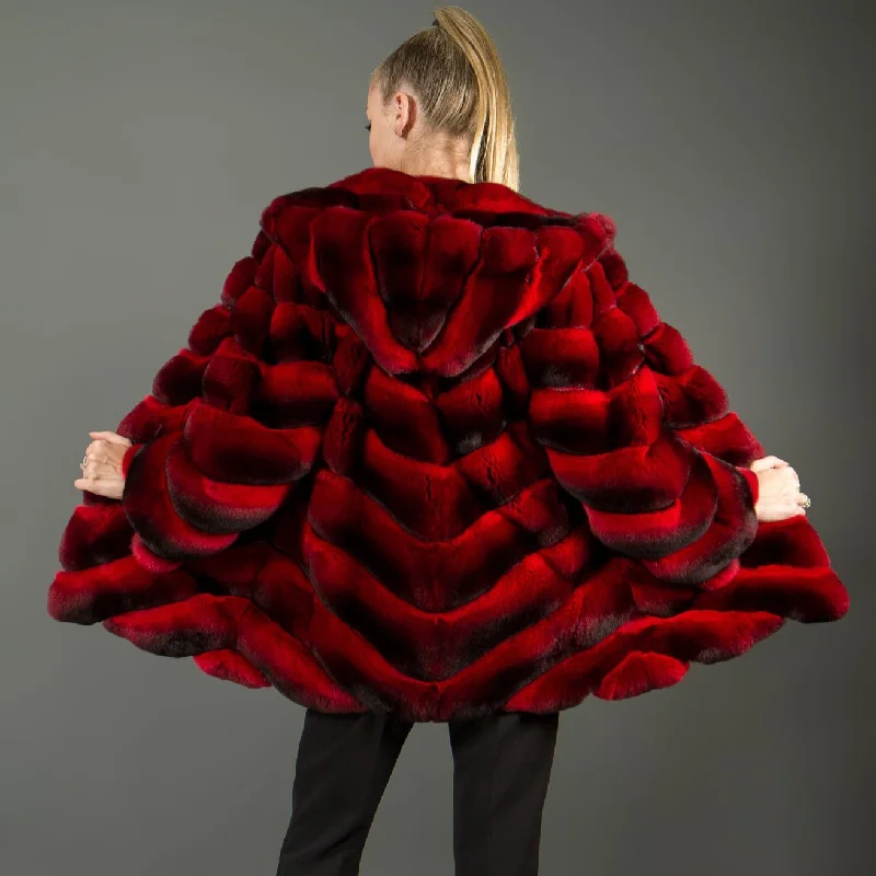 Red Chinchilla fur coat with hood luxury women