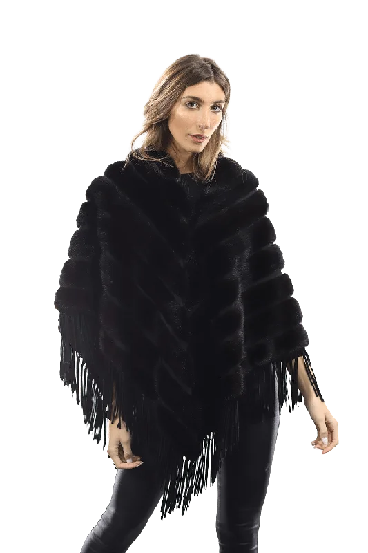 Tonal Ribbed Mink Poncho with Leather Fringes - Black