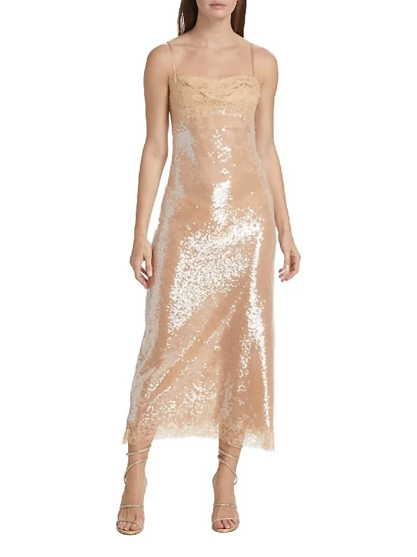 Valentina Lace Trim Sequin Midi Slip Dress In Ginger Root