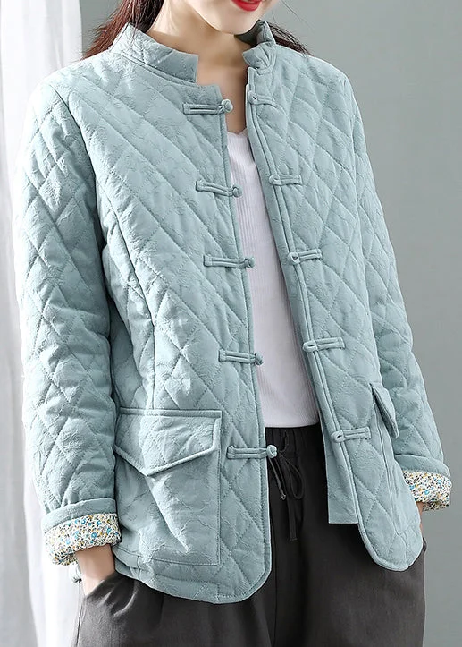 Women Blue Stand Collar Plaid Button Thick Parka Winter