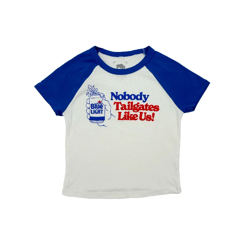 Women's BFLO x Labatt Nobody Tailgates Like Us! White & Royal Baby Tee