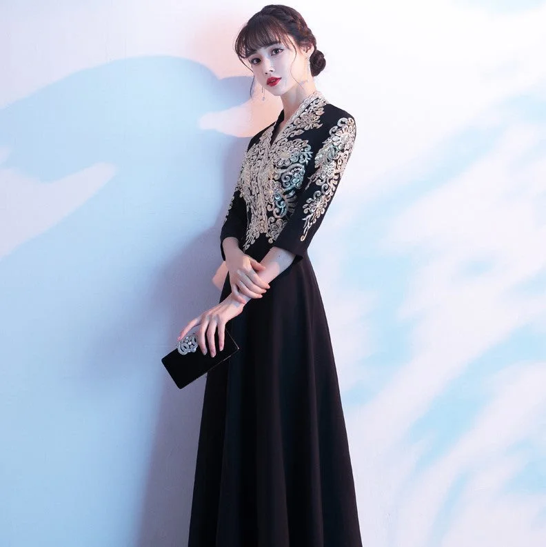 3/4 Sleeve V Neck Floral Embroidery Long Chinese Wedding Party Dress