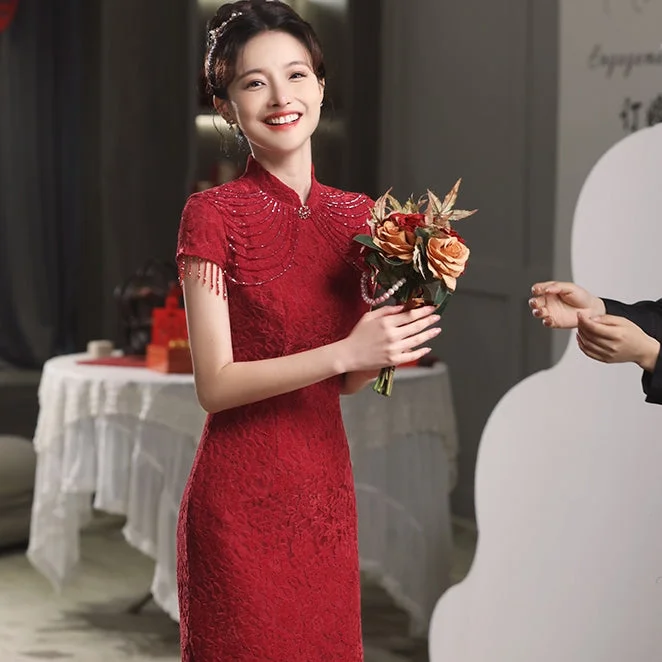 Cap Sleeve Floral Lace Cheongsam Toasting Dress Wedding Gown