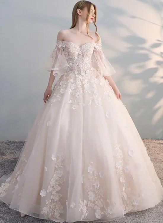 Charming Flowers Lace Off Shoulder Ball Gown Wedding Party Dress, Tulle Long Prom Dress gh2128