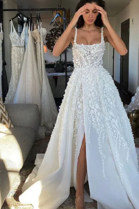 Dream Square Neck Split Lace Appliques Wedding Dresses, Backless Bridal Gown  gh2404