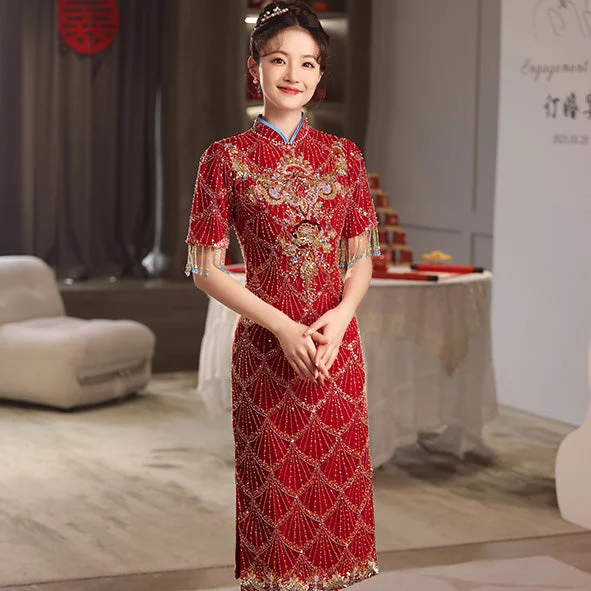 Floral Sequin Elegant Cheongsam Toasting Dress Wedding Gown with Tassels