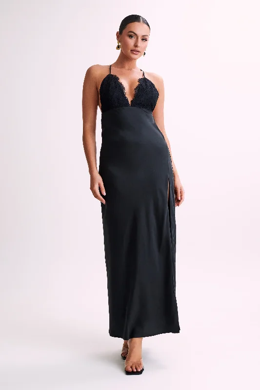 Gina Satin Slip Maxi Dress With Lace - Black