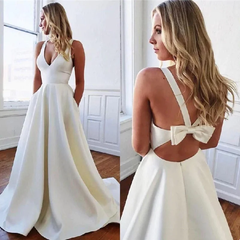 Halter Natural Waist Sweep Train Satin A Line Bowknot Back Wedding Dresses  gh1148