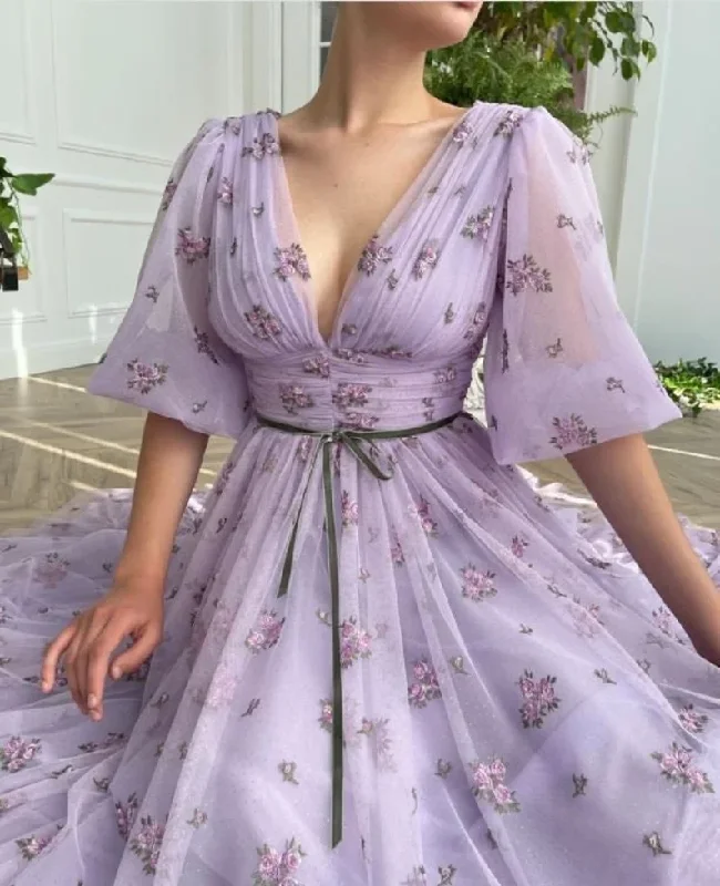 Lavender tulle prom dress, Tulle dress prom, V-Neck puff sleeves prom dress, Wedding dress, Bridesmaid dress,Mesh Princess Dress,Plus size  gh1822