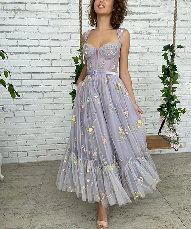 Lilac Embroidery Flowers Tulle Prom Dress, Sweetheart Straps Tea-Length Tulle Ball Gown Wedding Dress, Fairy Prom Dress gh1820