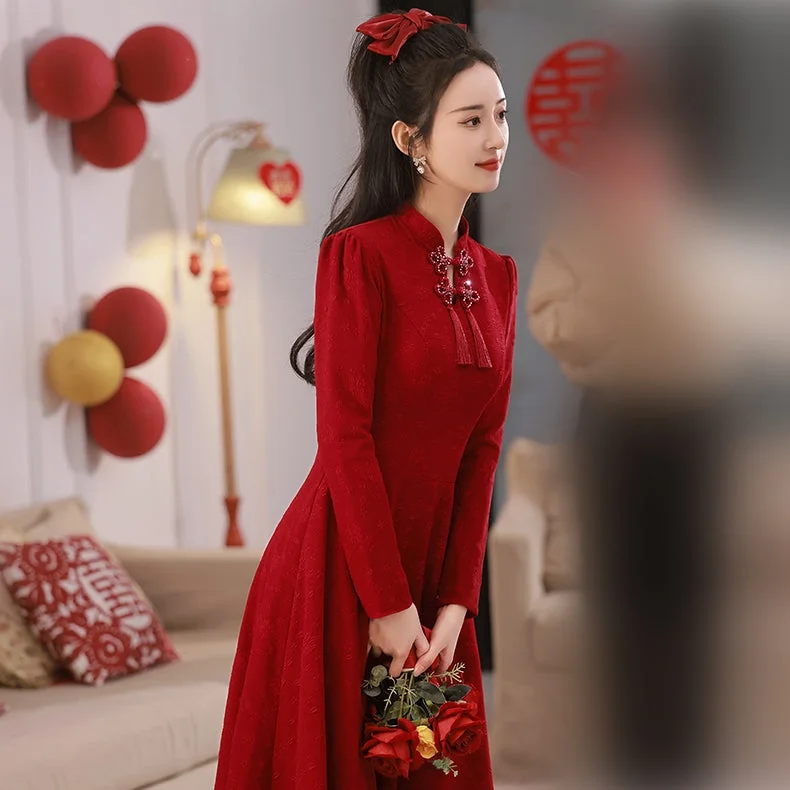 Long Sleeve A-line Knee Length Cheongsam Toasting Dress Wedding Gown