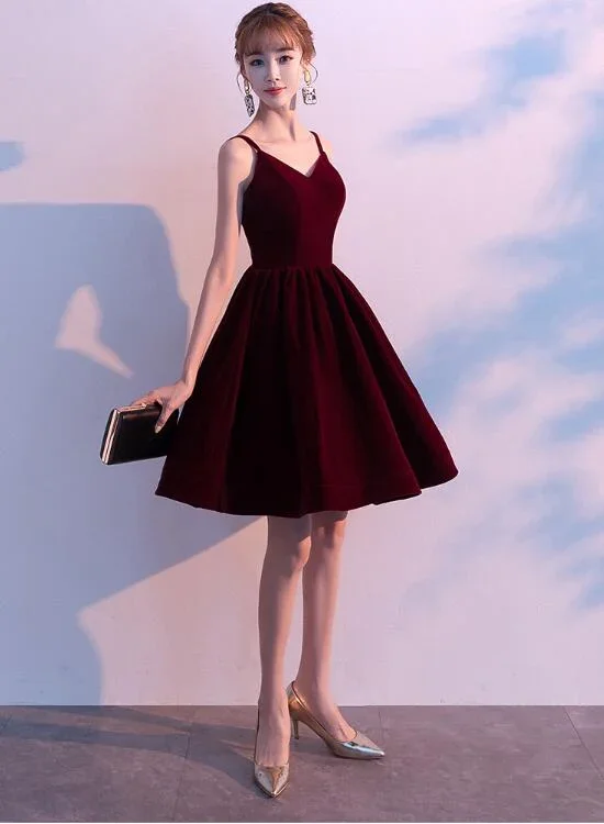 Lovely Velvet Burgundy Short Straps Homecoming Dress, Lovely Short Wedding Party Dress gh428