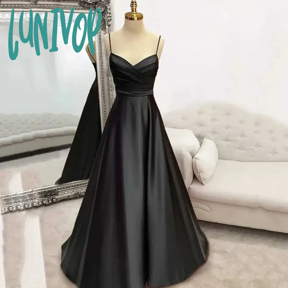 Lunivop Black A Line Formal Prom Dresses  V Neck Pleat Wedding Party Dress Spaghetti Strap Special Occasion Dresses robe soirée