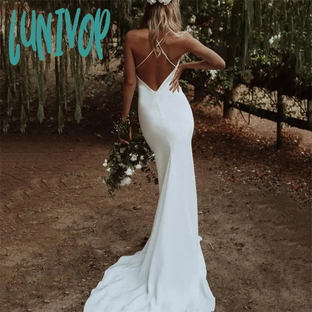 Lunivop cherry blossom dress to impress New Wedding Dress White Sexy V-neck Sleeveless Backless Bridal Gown Simple Slim Fishtail Long Autumn