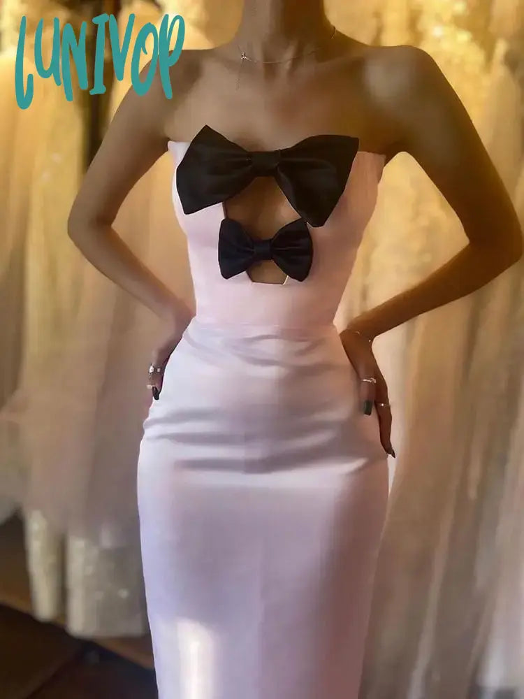 Lunivop Elegant High Quality New Women Bowtie Pink Sexy Hollow Strapless Long Bandage Wedding Birthday Evening Cocktail Party Dresses