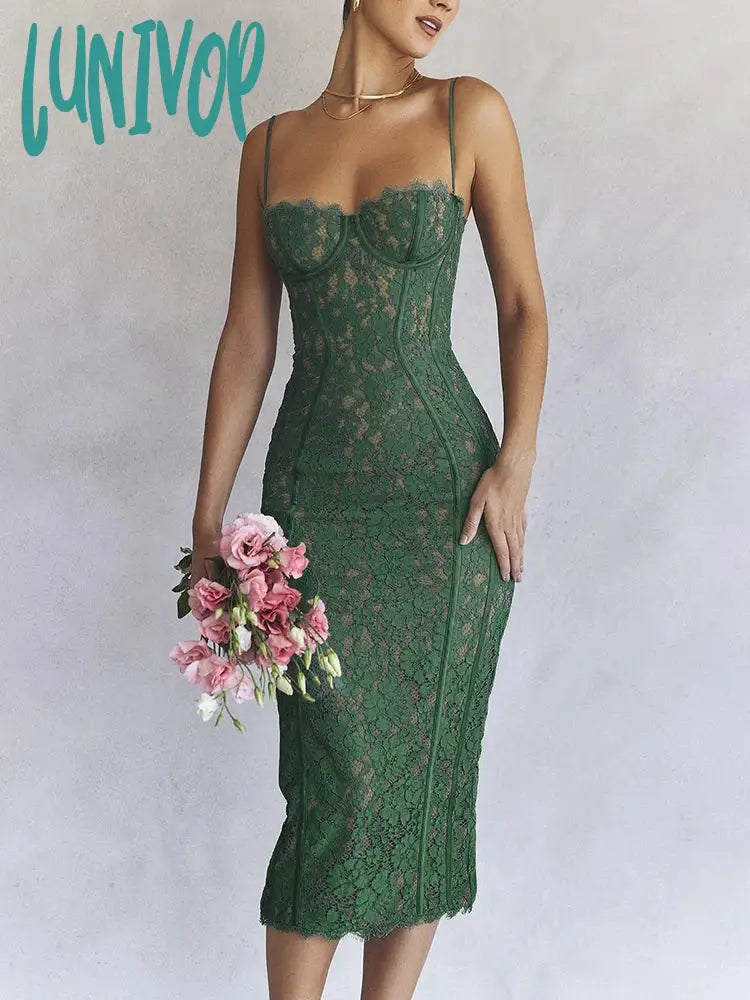 Lunivop Midi Green Dress Elegant Sexy Night Wedding Guest Evening Party Dresses Spaghetti Strap Birthday Dress for Women