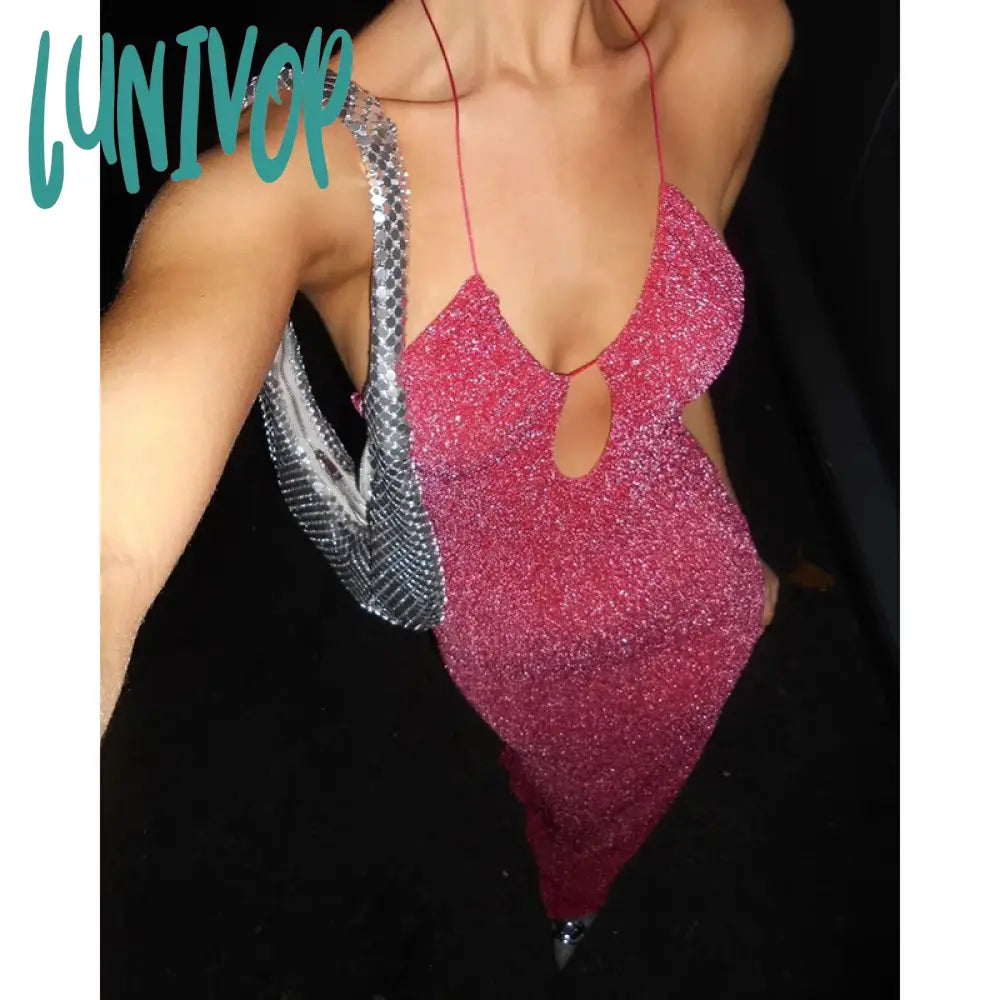 Lunivop Pink Sequined Halter Prom Maxi Dress Evening Party  Hollow Out Glitter Beaded Tie-back Slit Long Dress Sexy Wedding Guest