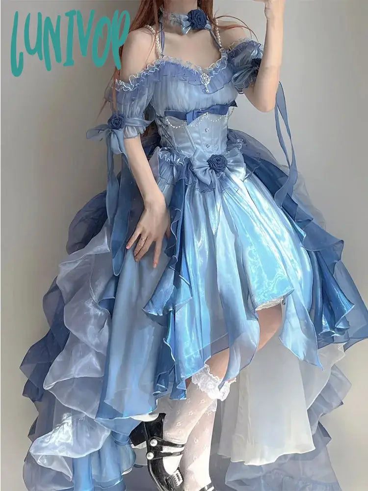 Lunivop Prom Blue Flower Wedding Dress College Dress Dress Lolita Heavy Industry Trailing Umbrella Princess Party Birthday Dress for Women