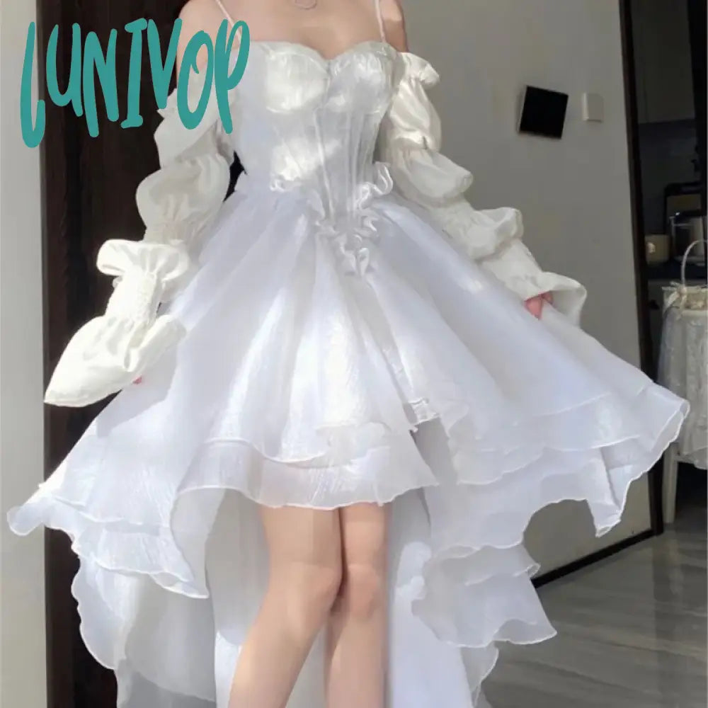 Lunivop Spring Elegant White Off Shoulder Fairy Dress Chic Princess Puff Dress Mesh Puff Dress Wedding Party Porm Dress