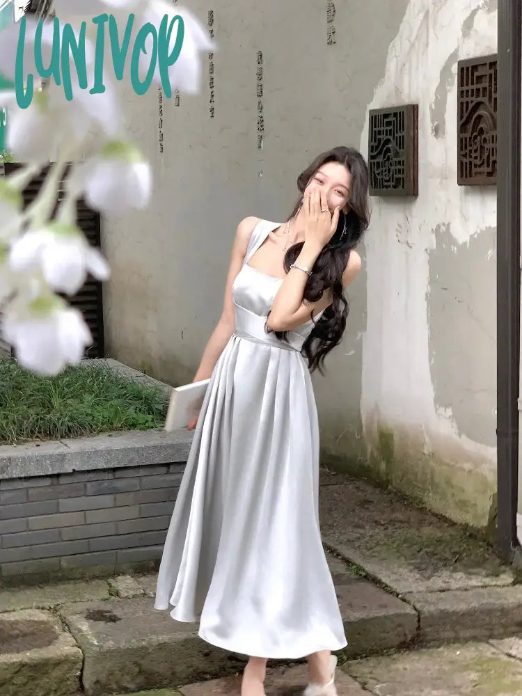 Lunivop Summer New Elegant Casual Party Mid-length Dress Sleeveless Vintage A-Line Solid Chic Prom Wedding Vestidos Female Clothes Robe