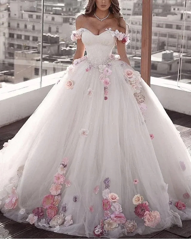 Off Shoulder Tulle Ball Gown Wedding Dresses Floral Flowers Beaded gh2191