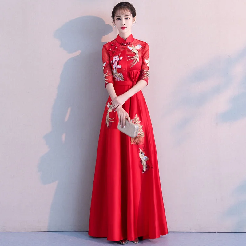 Pleated Skirt Long Chinese Wedding Party Dress with Phoenix Appliques