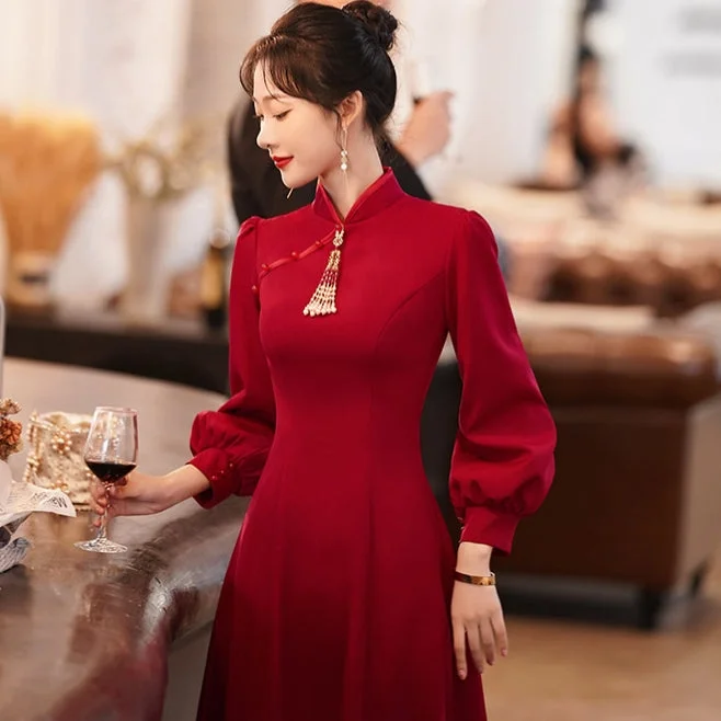 Puff Sleeve A-line Knee Length Cheongsam Toasting Dress Wedding Gown