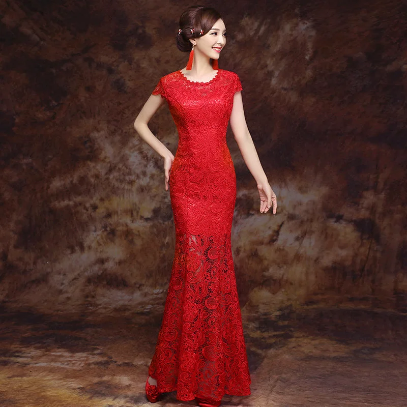 Round Neck Cap Sleeve Mermaid Chinese Wedding Dress