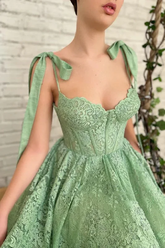 Sage Green Tea Length Lace Corset Wedding Guest Dress Prom Dress gh1821