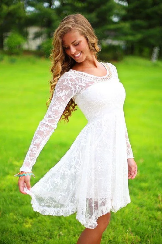 White homecoming dress with long sleeves, short beach wedding dress gh1723