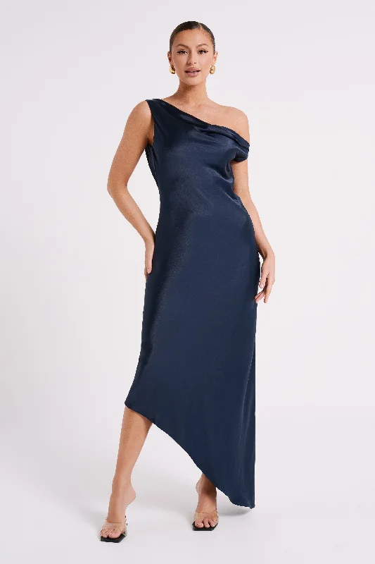 Yvette Slip Maxi Dress With Asymmetrical Hem - Navy