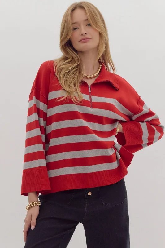 Stripe Long Sleeve Collared Quarter Zip Top