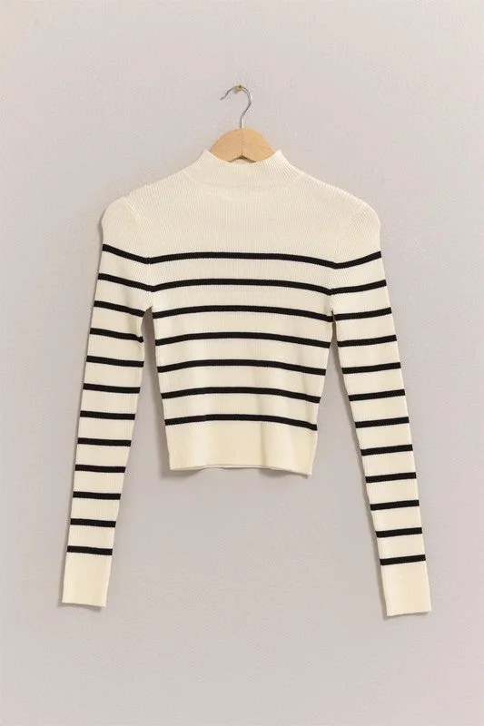 Striped Cropped Mock Neck Sweater