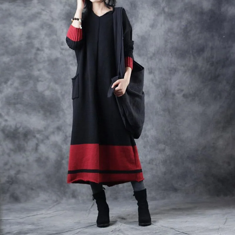 Boutique Black Knit Dresses Plus Size V Neck Pullover Sweater Boutique Patchwork Winter Dress