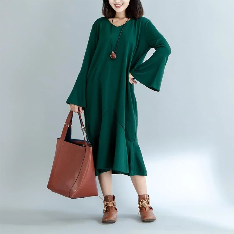 boutique green knit dresses oversized trumpet sleeves pullover women ruffles dress