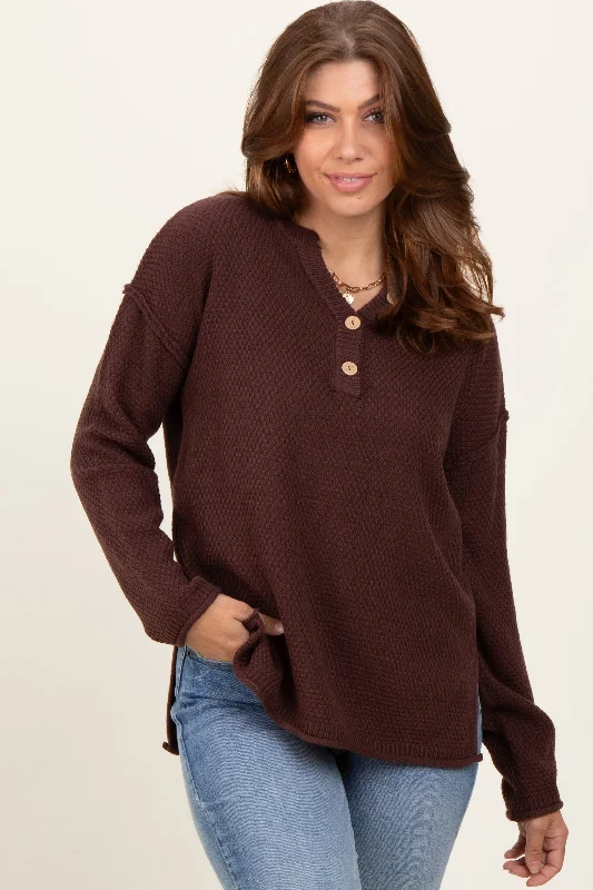 Brown Diamond Knit Button Detail Sweater