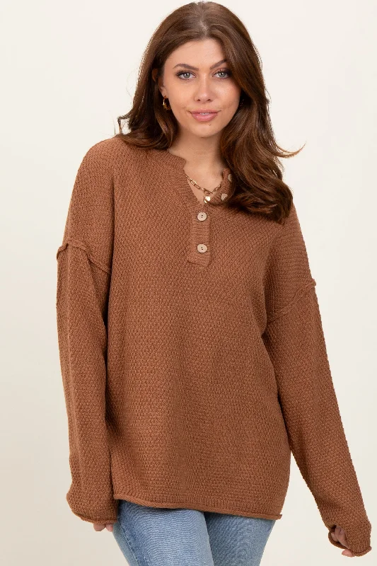 Camel Diamond Knit Button Detail Sweater