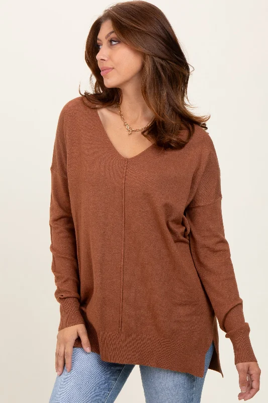 Camel Front Seam V-Neck Side Slit Sweater