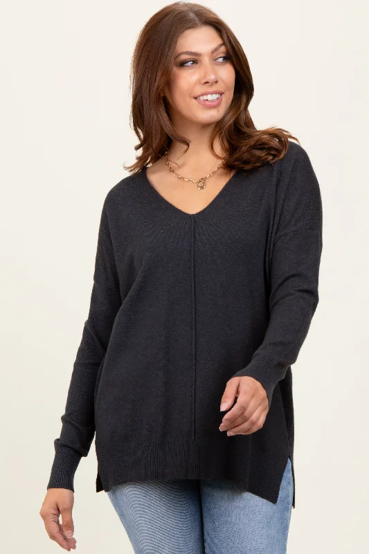 Charcoal Front Seam V-Neck Side Slit Sweater