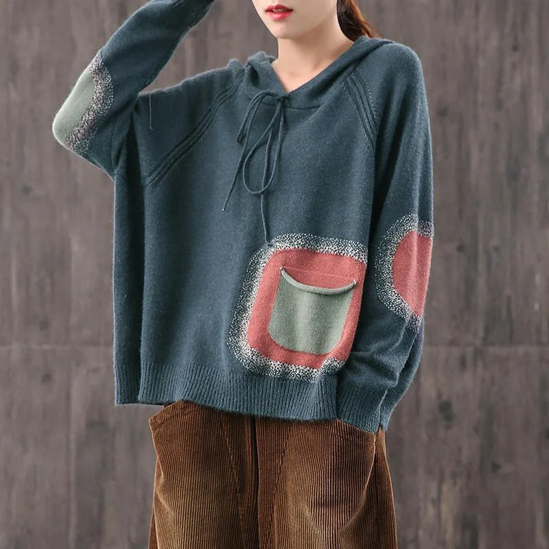 Cute Colorful Pocket Drawstring Sweater Knit Pullover