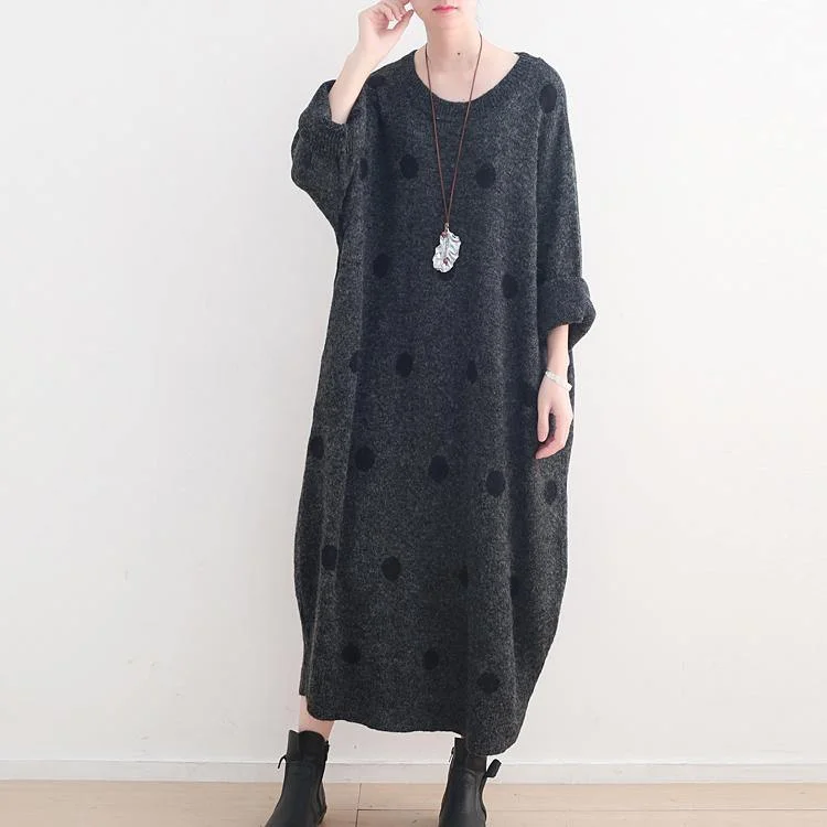 Fine Dark Gray Dotted Long Sweaters Casual O Neck Pullover Sweater Elegant Baggy Dresses