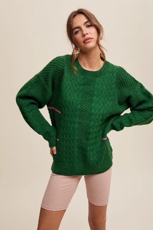 Green Striped Mixed Cable Knit Sweater