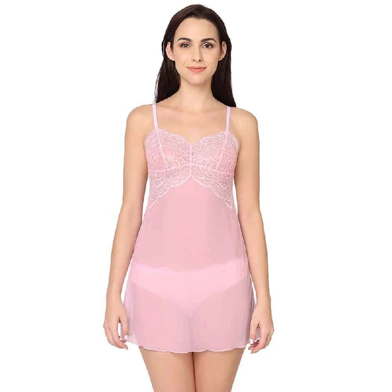 Essential Lace Non Padded Non Wired Bridal Wear Lace Babydoll Chemise - Pink