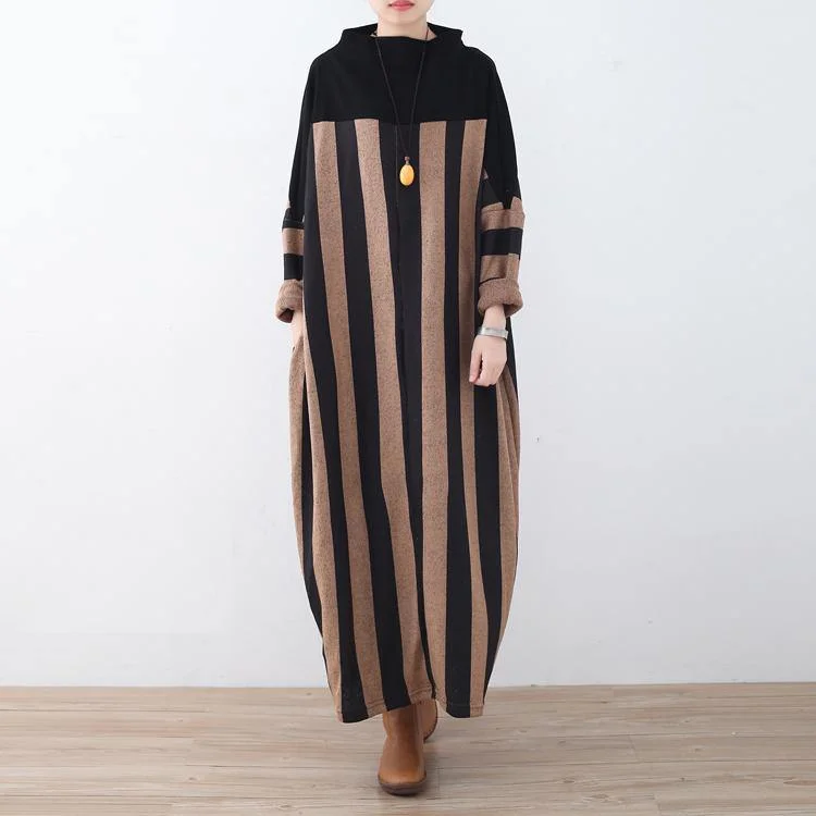 khaki striped long sweaters Loose fitting patchwork pullover Fine high neck winter dresses