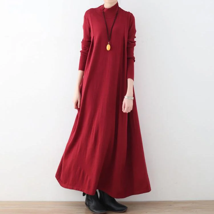 New Red Long Sweaters Plus Size Clothing High Neck Long Knit Sweaters Women Large Hem Pullover Dresses