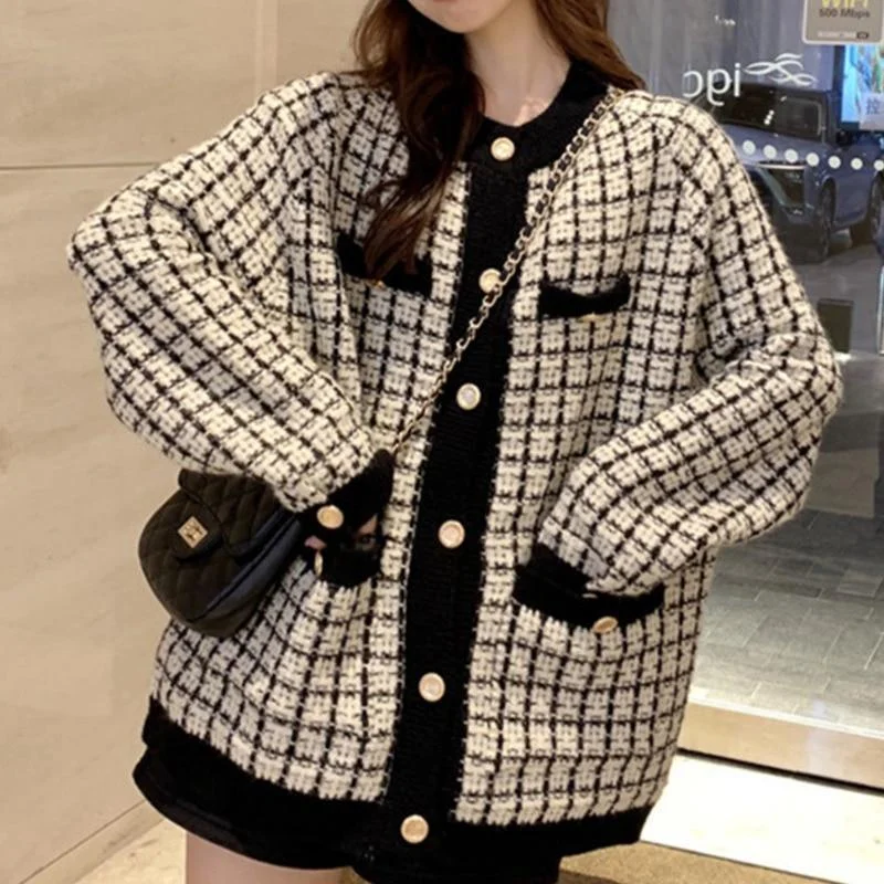 Plaid Oversized Cardigan Sweater for Women