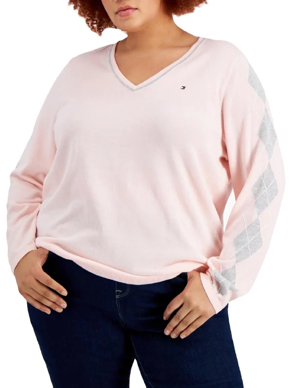 Plus Womens Argyle Cotton Pullover Sweater